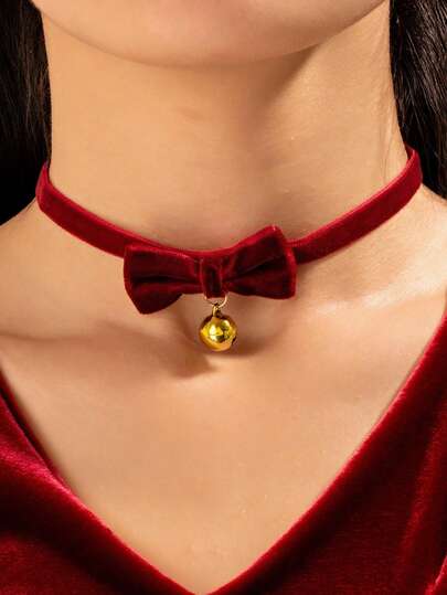 1 PC Velour Bow Small Bell Neck For Christmas Ladies Necklace, A Must-Have Accessory For Holiday Parties