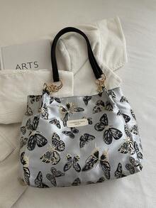 Fashionable Striped Handbag - Women's Large Capacity Shoulder Bag - Zipper Tote Bag For Daily Use - Metal Chain Tote Bag, Waterproof Nylon Material With Colorful Butterfly Pattern, Suitable For Back To School Students - Black - View 5