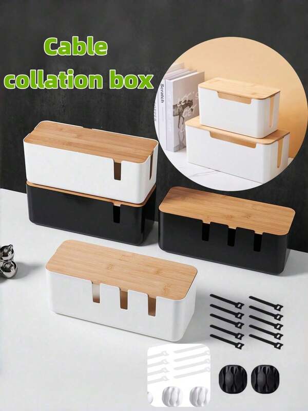 1pc Large Cable Management Box With Wooden Cable Cover, Includes 10pcs Ties And 2pcs Winders, Plastic 7-Hole And 4-Hole Adapter Plug Cable Concealer Box, Spacious Wire Organizer, Socket Protector Hidden Safely Under Desk Or Floor - Great For Home And Office, Gift For Friends, Boyfriend/Girlfriend, Mother's Day, Wedding