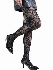 1 双黑色碎花渔网紧身裤，女士薄款蕾丝镂空网格连裤袜，适合春秋季的深色美学，藤蔓图案趣味万圣节/节日 JK 紧身连裤袜，透气透明性感紧身袜 - 黑色 - 查看 7