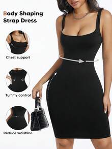 Abito-canotta a compressione a tinta unita per donna, fasciante, elasticizzato, intimo modellante con controllo saldo di tutto il corpo - nero - Visualizzare 4