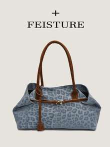 1pc FEISTURE Leopard Print Color Block Large Capacity Tote Bag, Fashion Strap Decor Shoulder Bag, Magnetic Closure, Suitable For Daily Outing, Dating, Commuting, Bags For Ladies Fashionable