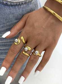 Frminee 1Pc/3pcs夏季简约时尚金银色钢球开口戒指18K镀金女士不锈钢戒指适合日常佩戴度假旅行海边等防水高品质戒指 - 彩色 - 查看 10
