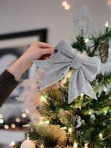 2pcs Large Silver Flashing Ribbon Bow Ties, Red Bows - Christmas Wreath Bows, Christmas Flashing Bow Wreaths, Christmas Tree Party Decorations, Christmas Decorative Wreath Decorations, Suitable For Big Gifts - Indoor/Outdoor Use - Silver - View 8