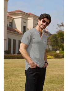 Henley Shirts Slim Fit Button T-Shirthalloween - 淺華灰 - 查看 9