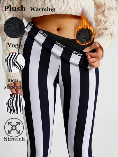 女士保暖内衬打底裤，黑白配色，时尚休闲简约优雅，高弹保暖修身，格纹条纹印花，适合居家、运动、瑜伽、健身、户外散步、派对等场合，冬季送礼佳品。