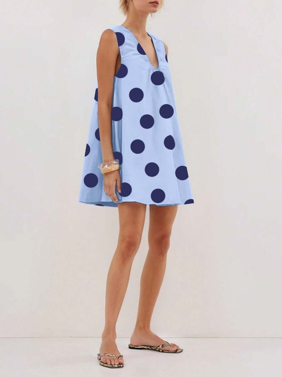 Women's Cute Polka Dot Babydoll Mini Dress Scoop Neck Flowy Sleeveless Short Dress Ruched Loose Fit Dress - Màu xanh lam - Xem 1