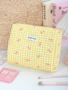1 Pc/Set Cute Grid Pattern Cosmetics Storage Bag Foam Quilted Make Up Bag Pink Bow Print Travel Toiletry Bag Cute Yellow Cosmetics Storage Bag Large Capacity Makeup Pouch Lovely Grid Print Home Items Organizer Bag Multi-Functional Handheld Make Up Bag Zippered Pencil Case Classic Grid Print Jewelry Organizer Bag,