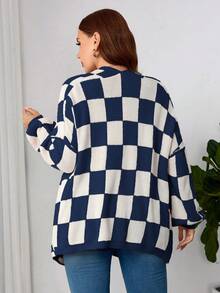 Plaid Round Neck Casual Long Sleeve Plus Size Knit Cardigan - Royal Blue - View 3