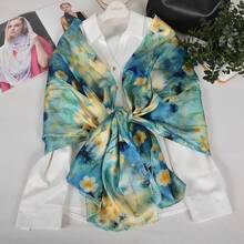 100% Mulberry Silk Scarf For Women Lightweight Long Scarves Beach Wraps Cover Up -Travel Photography Scarfhalloween - 藍色米色花卉 - 查看 6