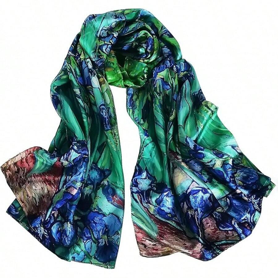 100% Mulberry Silk Scarf For Women Lightweight Long Scarves Beach Wraps Cover Up -Travel Photography Scarfhalloween - 藍綠鳶尾 - 查看 1