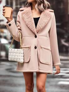 Abrigo borrego afelpado dama mujer largo cuello doble solapa dos botones manga larga dos bolsillos parche bajo recto amplio cómodo caliente frío otoño invierno vacaiones viaje festival cena - Camel - Ver 3