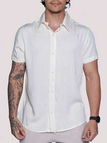 Linen Shirt Short Sleeve Formal Summer Fresh Italian Collar Elegant In Visco-Linen - White - View 2