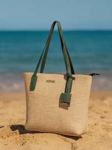 Summer Beach Bag Large Straw Shopbag - xanh quân đội - Xem 1