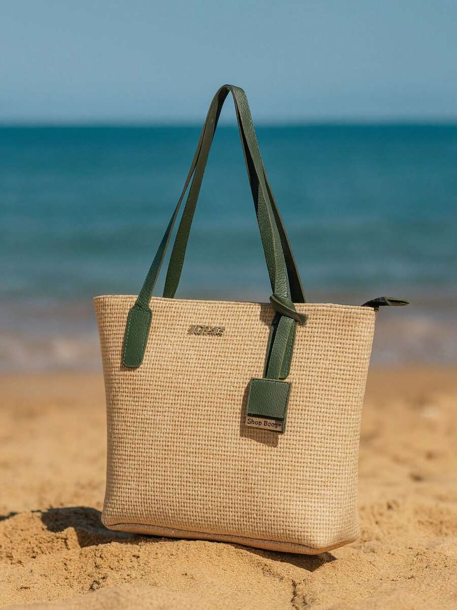 Summer Beach Bag Large Straw Shopbag - xanh quân đội - Xem 1