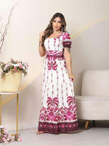 Elegant Long Women's Dress With Print And Short Sleeves - 粉色 - 查看 4