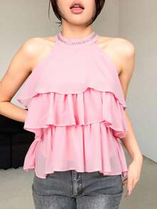 BLUSA DE MUJER CON HOMBROS ABIERTOS, CUELLO EN V Y UNICOLOR CON TIRANTES, TOP CORTO PARA MUJER - Rosa coral - Ver 3