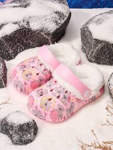 1 Pair Girls Cute Koala & Heart Thermal Lined Warm Comfortable Indoor Slip-On Shoes, Suitable For Winter - Pink - View 1