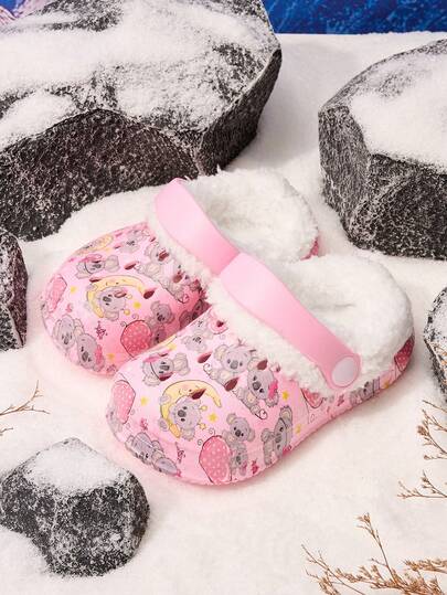 1 Pair Girls Cute Koala & Heart Thermal Lined Warm Comfortable Indoor Slip-On Shoes, Suitable For Winter