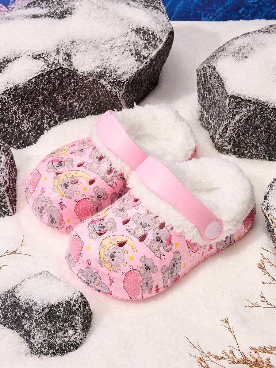 1 Pair Girls Cute Koala & Heart Thermal Lined Warm Comfortable Indoor Slip-On Shoes, Suitable For Winter - Pink - View 1