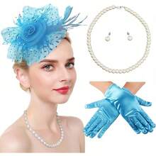 Ibeauti Fascinator Hats With Screentouch Lace Gloves Set Women Tea Party Cocktail Wedding Derby Headwear Short Gloves - 02 天藍色 - 查看 1