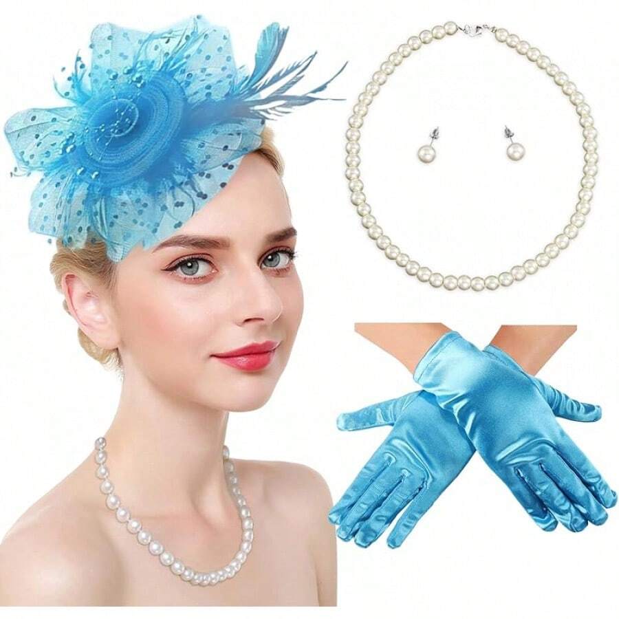 Ibeauti Fascinator Hats With Screentouch Lace Gloves Set Women Tea Party Cocktail Wedding Derby Headwear Short Gloves - 02 天藍色 - 查看 1
