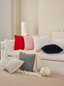 Funda decorativa de almohada de piel de conejo a rayas de unicolor, tela de lino holandesa reversible, funda de cojín cuadrada, decoración del hogar para días festivos, tela de terciopelo suave, decoración moderna para sofá, hogar, dormitorio, decoración de otoño, decoración de sala - Negro - Ver 9