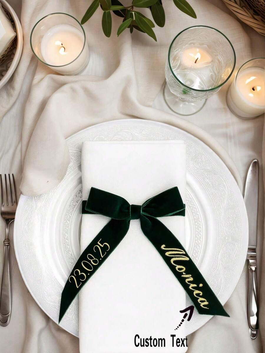 Velvet Ribbon Embroidered Place Cards | Personalized Satin Ribbon For Wedding Table Decor And Rehearsal Dinner | Gift Tags | Customized Place Cards - Multicolor - View 1