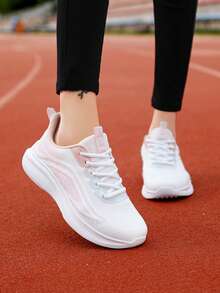 1 Pair Women's Soft Bottom Casual Running Shoes, White Mesh Lace-Up Low-Top Outdoor Shock-Absorbing Sports Shoes, Spring/Autumn 2025 New Solid Color Road Running Sneakers