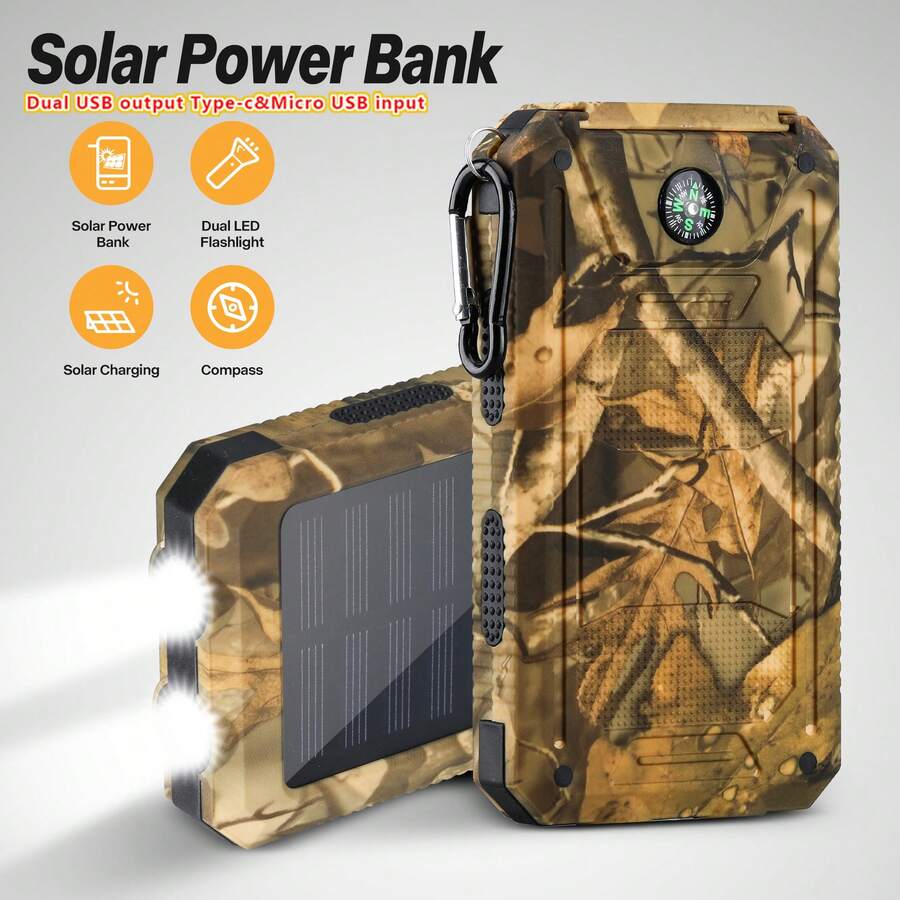 Pin dự phòng năng lượng mặt trời 26800mAh, Bộ sạc điện thoại di động năng lượng mặt trời, Bộ sạc pin ngoài cắm trại cho điện thoại di động, 2 đèn pin USB/LED có la bàn cho các hoạt động ngoài trời, Thích hợp cho kỳ nghỉ hè, du lịch/cắm trại ngoài trời và nguồn điện dự phòng khẩn cấp cho điện thoại di động - Ngụy trang nhẹ - Xem 1