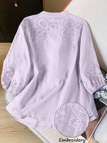Women's Lightweight Semi-Sheer V-Neck Unstructured Embroidered Blouse, Spring/Summer - Mauve Purple - View 5