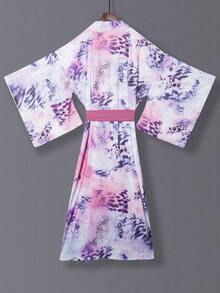 超大号女式休闲豹纹和服罩衫，宽松版型春夏街头风外套，3/4 袖，中长款雪纺长袍