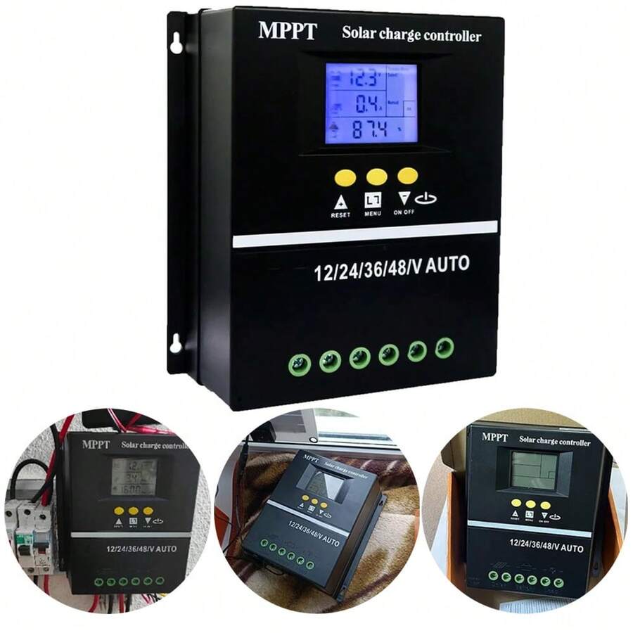 Controlador de carga solar, painel de tecido, regulador de bateria com tela LCD de 12 V/24 V/36 V/48 V, controlador de carga solar com dissipação de calor, desempenho ininterrupto - Preto - View 1