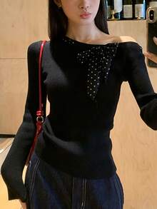 Alicedudu Women's Autumn/Winter Elegant Slim Fit Polka Dot Bow Design Pullover - Black - View 1