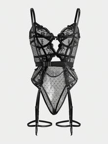Women's Sexy Embroidered Teddy Lingerie Set - Black - View 2