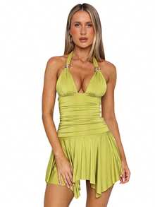 Women Halter Neck Mini Dress Flowy Irregular Ruffle Hem Backless Summer Ruched Cocktail Party Dresses - màu xanh lá - Xem 1