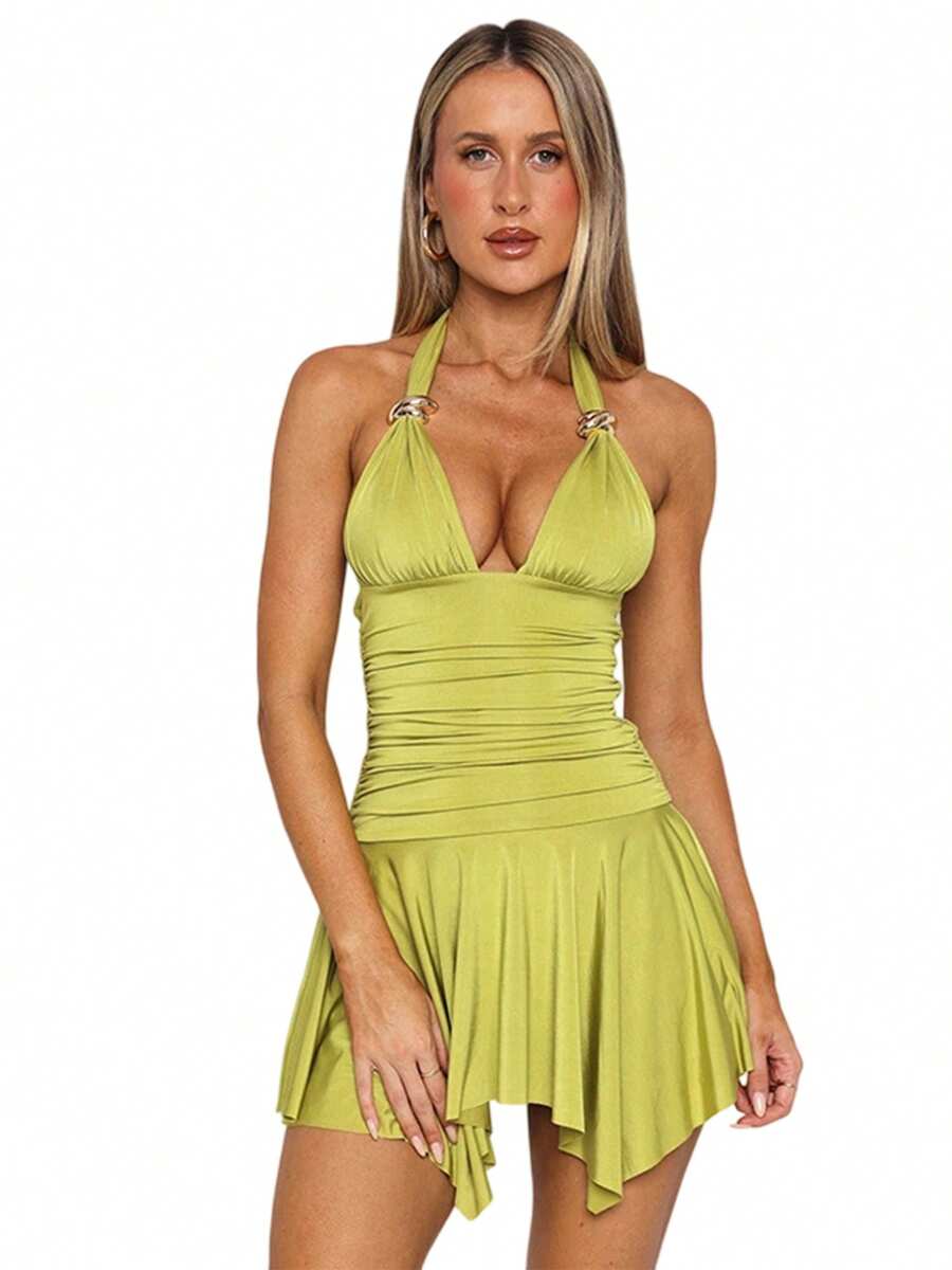 Women Halter Neck Mini Dress Flowy Irregular Ruffle Hem Backless Summer Ruched Cocktail Party Dresses - màu xanh lá - Xem 1