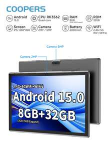 Coopers 10.1 Inch Android 15 Tablet, WIFI Tablet PC, 3GB RAM, 32GB ROM, Support 1TB Expandable, Quad-Core, 2.4G+5G WiFi, Dual Band WiFi6, 2MP + 8MP Dual Camera, 1280 * 800 IPS HD Touch Screen,Wi-Fi, 6000mAh Battery, Support Widevine L1(No Adapter) - Grey - View 1