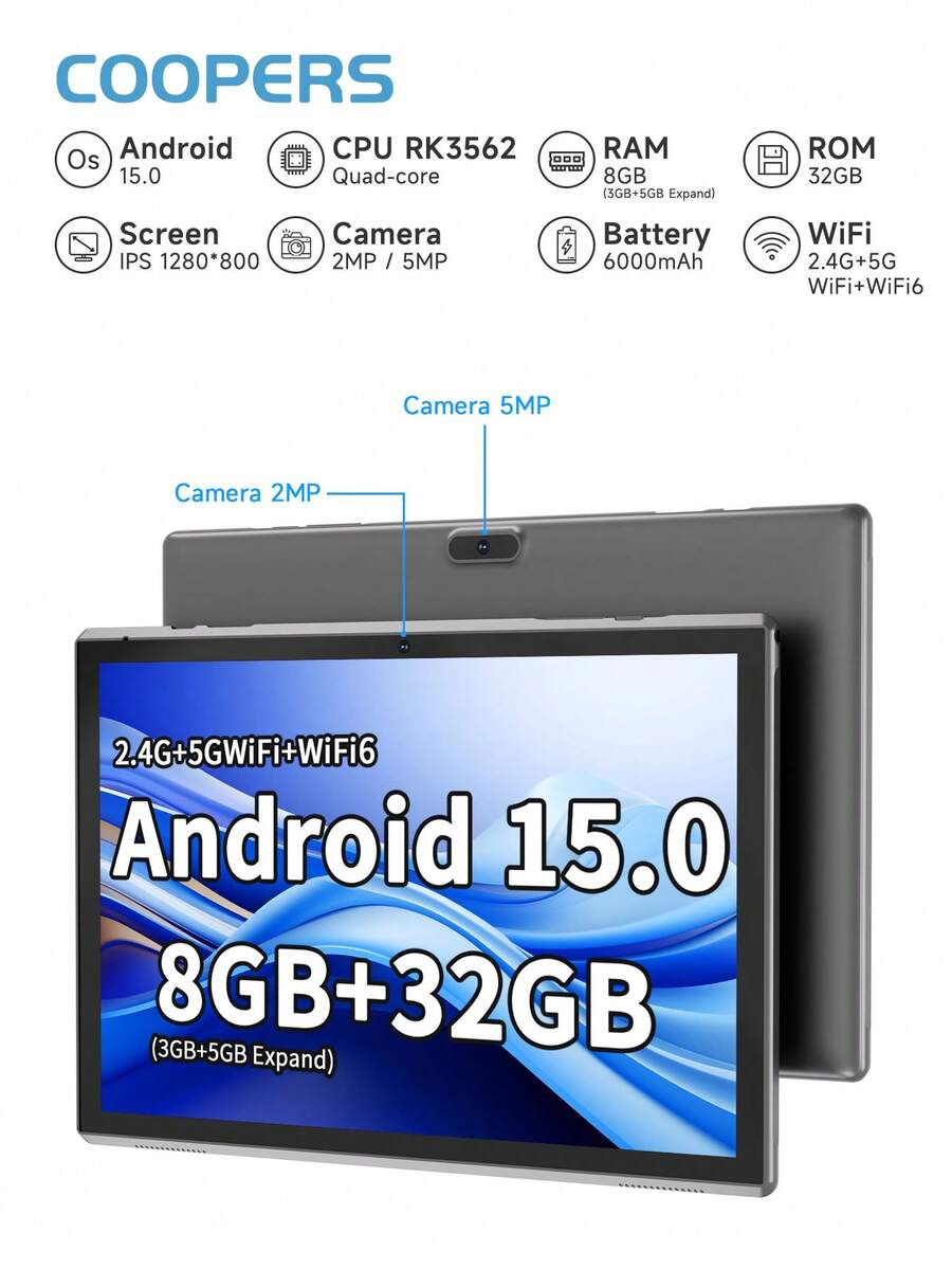 Coopers 10.1 Inch Android 15 Tablet, WIFI Tablet PC, 3GB RAM, 32GB ROM, Support 1TB Expandable, Quad-Core, 2.4G+5G WiFi, Dual Band WiFi6, 2MP + 8MP Dual Camera, 1280 * 800 IPS HD Touch Screen,Wi-Fi, 6000mAh Battery, Support Widevine L1(No Adapter) - Grey - View 1
