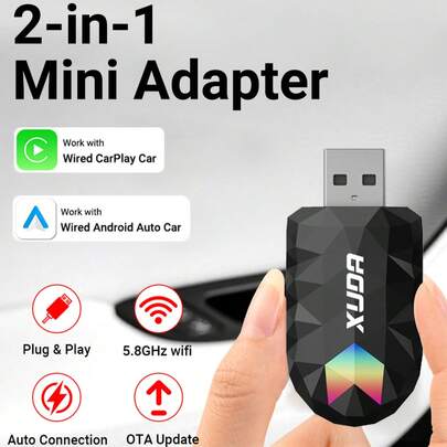  XUDA 2 em 1 Wireless CarPlay AI Mini Box e Android Auto Box RGB Luz de atmosfera colorida Plug & Play Conexão automática para Carplay com fio Android Auto Car