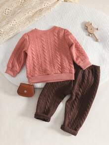 2 件套女婴可爱兔子图案纹理针织套头衫和棕色裤子，休闲日常装 - 彩色 - 查看 2