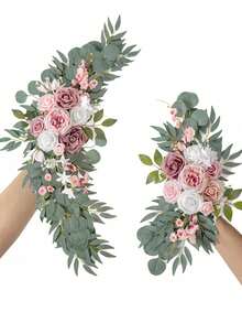 2件套节日经典花卉门环 - 人造粉色玫瑰花装饰，配以塑料绿叶，适用于婚礼拱门、万圣节家居装饰 - 用途广泛，可用于万圣节、感恩节、情人节及许多其他场合 - 粉色 - 查看 1