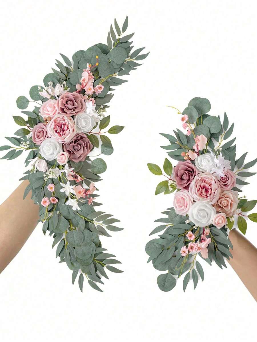 2件套节日经典花卉门环 - 人造粉色玫瑰花装饰,配以塑料绿叶,适用于婚礼拱门、万圣节家居装饰 - 用途广泛,可用于万圣节、感恩节、情人节及许多其他场合 - 粉色 - 查看 1