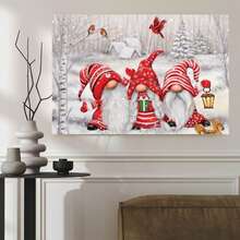 1pc, Framed Wall Art, Christmas Gnomes In Snowy Landscape, Three Festive Gnomes Wearing Red Hats And Scarves, Holding A Lantern And Surrounded By Snow-Covered Trees And Birds, Canvas Wall Art For Living Room, Bedroom, Bathroom, Study Room, Dining Room, Office, Wooden Wall Art Decor, Ideal Gift - 彩色 - 查看 3