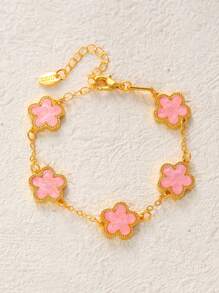 1pc Colorful Shell Inlaid Clover Charm Flower Chain Bracelet, Fashionable & Elegant For Women & Girls - Gold - View 30