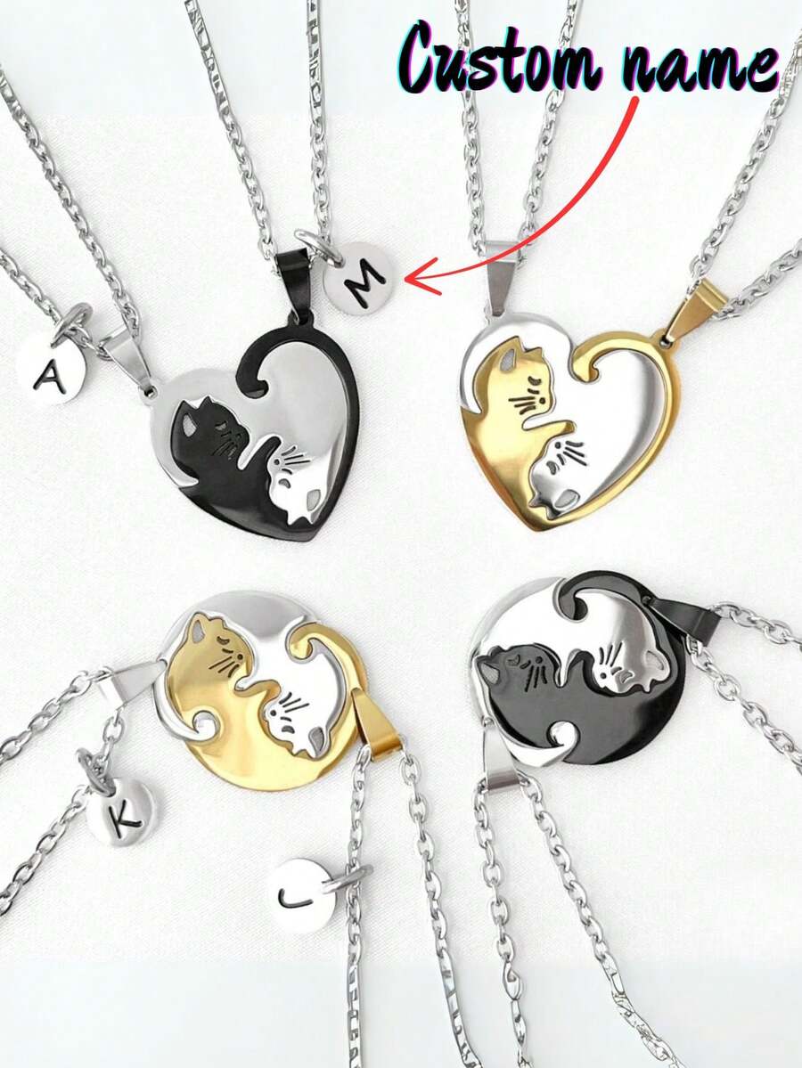 Matching Couples Cat Necklace Or Keychain Set, Best Friends, Kitty, Animal Lovers, Kitten, Gift For Boyfriend Girlfriend, Anniversary - Multicolor - View 1