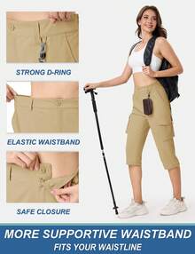 KEFITEVD Women's Cargo Capris Lightweight Hiking Capri Pants With Pockets Water Resistant Summer Travel Outdoor Casual - 卡其色 - 查看 4
