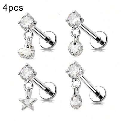 4pcs 16G 18G Threaded Earrings Nose Rings Studs Labret Lip Studs Surgical Steel CZ Zirconia Nose Rings Hypoallergenic Ear Lip Piercing Jewelry For Women Men