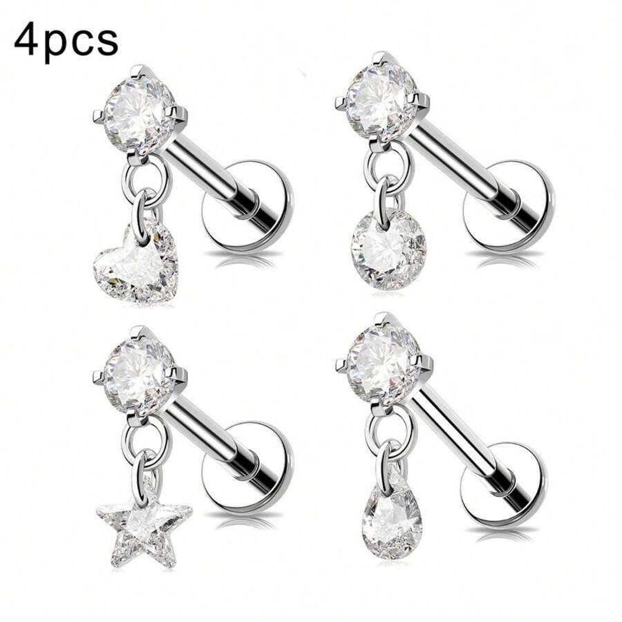 4pcs 16G 18G Threaded Earrings Nose Rings Studs Labret Lip Studs Surgical Steel CZ Zirconia Nose Rings Hypoallergenic Ear Lip Piercing Jewelry For Women Men - Silver - View 1