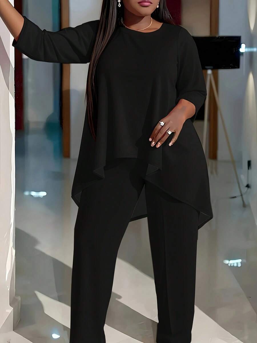 Plus Size Women's Fashionable Two-Piece Suit, Short Top In Front And Long Back Solid Color Trousers Suit, Casual Two-Piece Suit - 黑色 - 查看 1